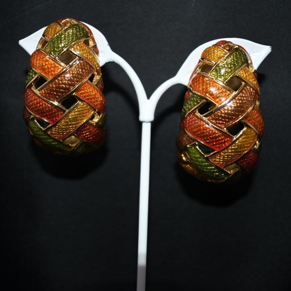 Vintage Lg. Enamel Woven Half Hoop Earrings, Green Gold Orange Enamel, 1980s, 2"